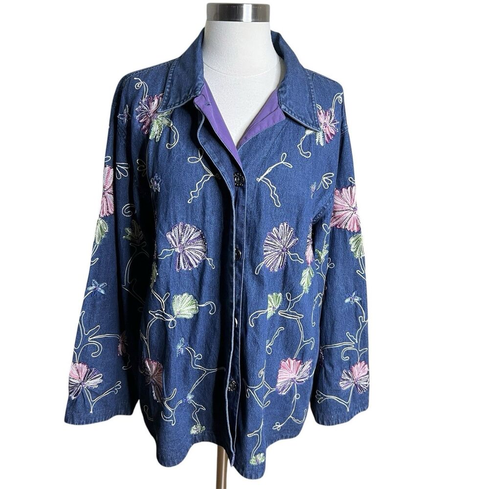 Vintage Denim Shirt Jacket Womens Medium Floral Beaded Embroidery